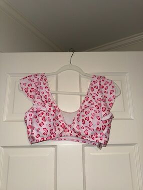 Pink Leopard Print Ruffle Bikini Top